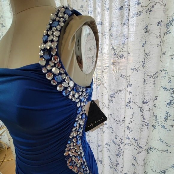 Cocktail Royal Blue Dress One shoulder with Rhinestones - City Triangle Size S - Picture 3 of 6